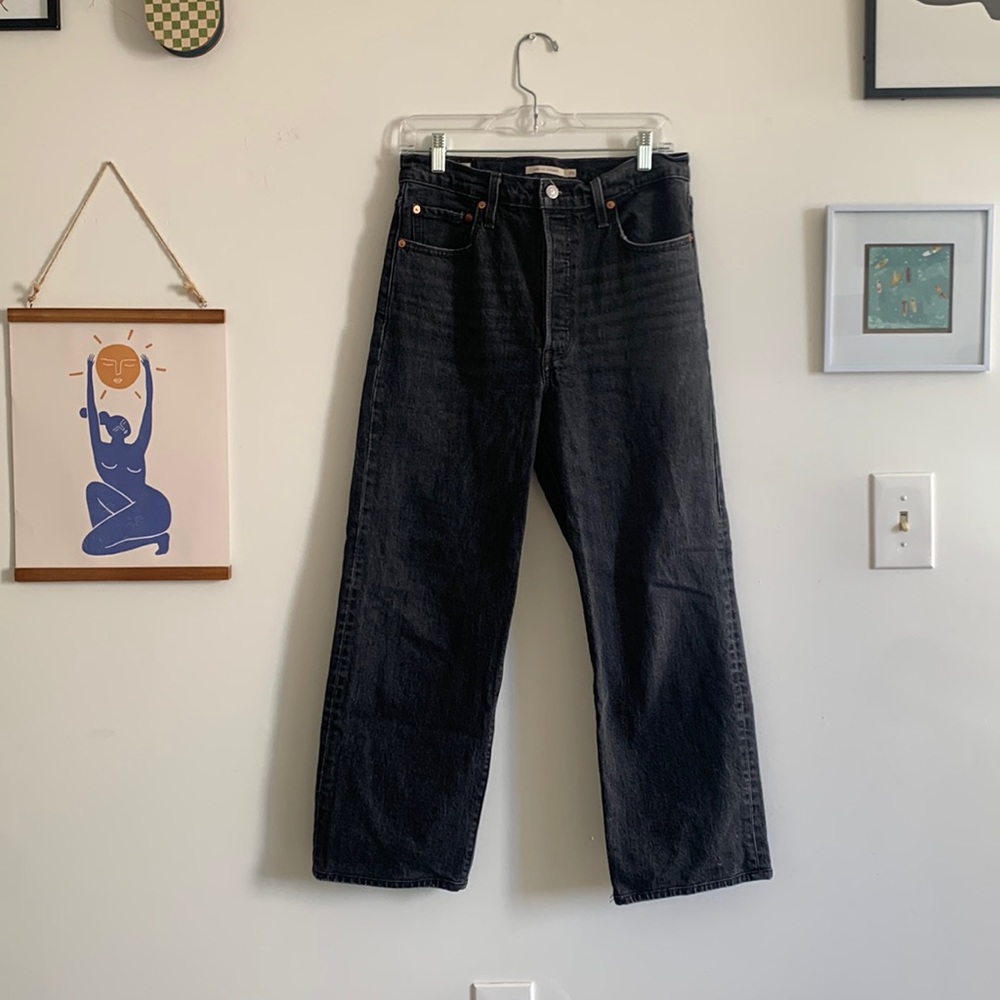 Levis Ribcage Straight Black Denim Jeans Womens 29 Button Fly Charcoal Wash